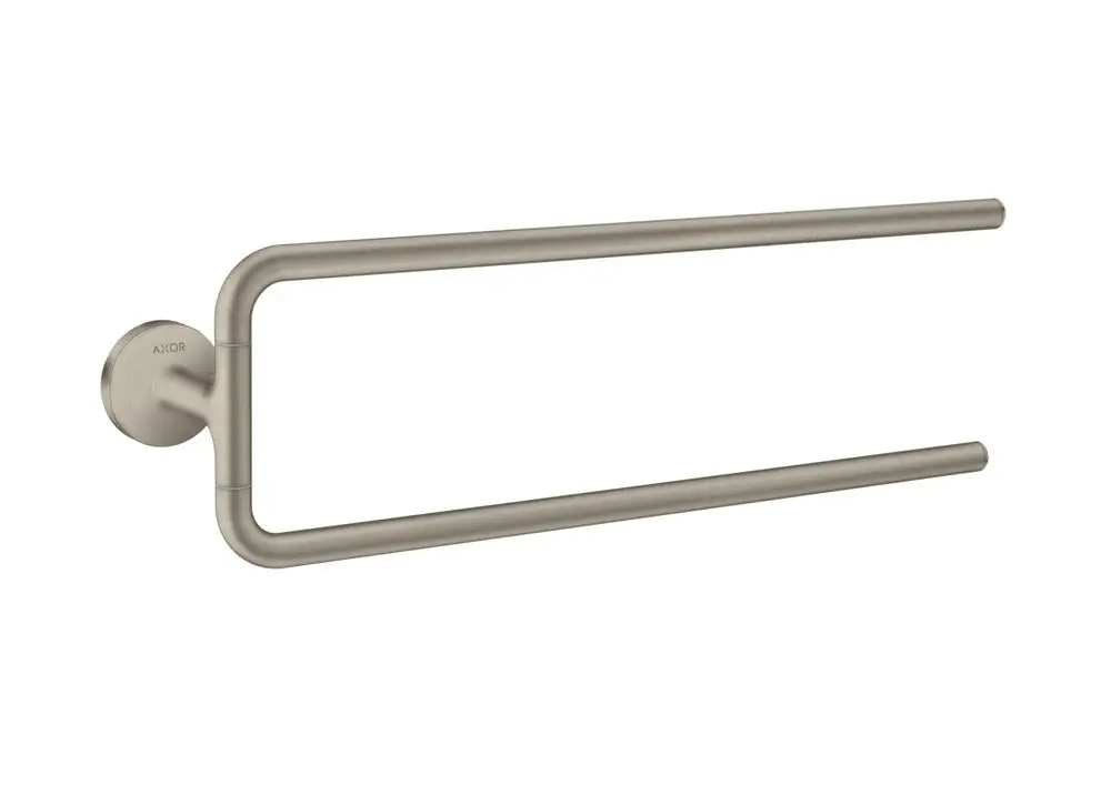Handtuchhalter mit zwei Armen in brushed Nickel, montiert an einer Wand, mit der Marke AXOR am Halterungspunkt sichtbar.